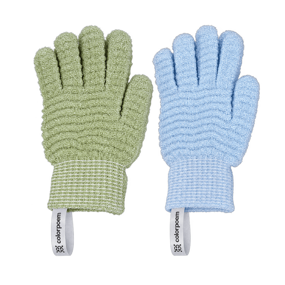 Copper Ion Exfoliating Gloves, 2 Pair in Green & Blue, shown flat 