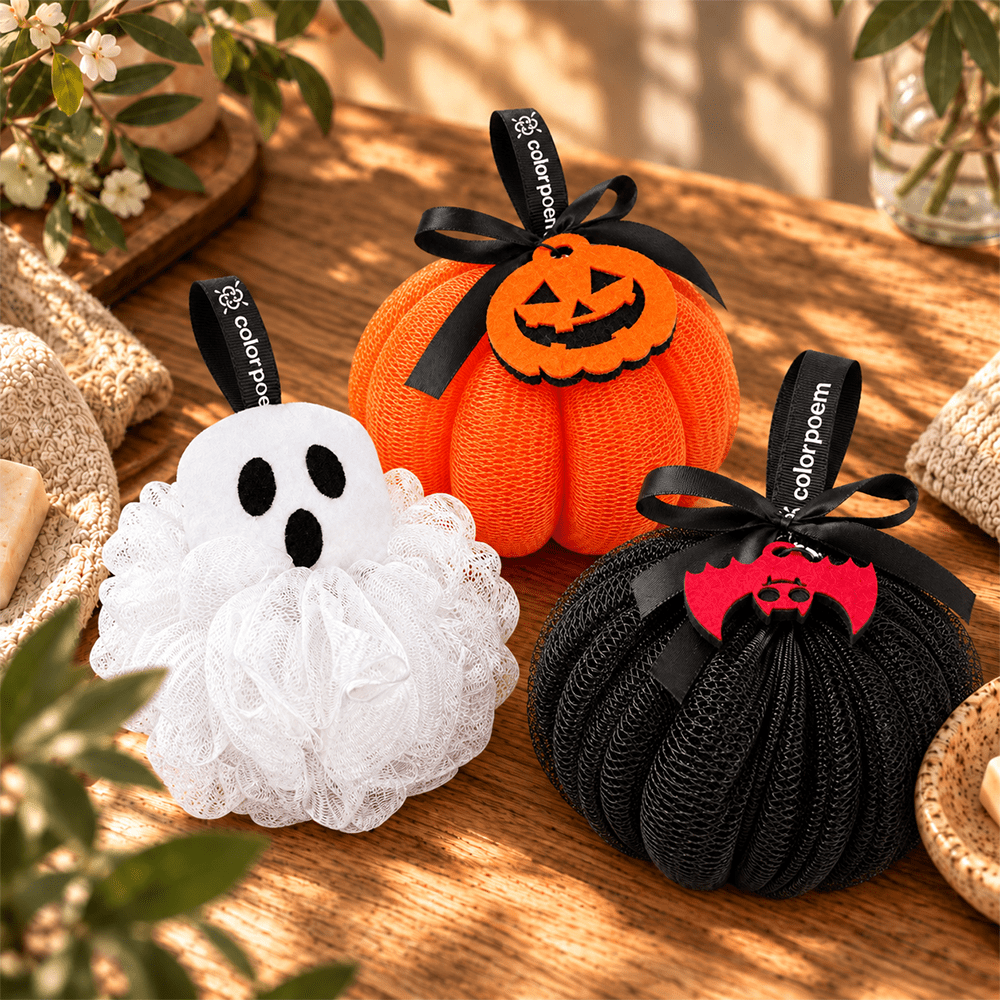 Display image of Halloween-themed bath poufs