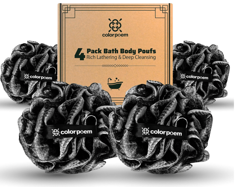Charcoal Bath Loofah,4 Pack — four black loofahs shown flat 