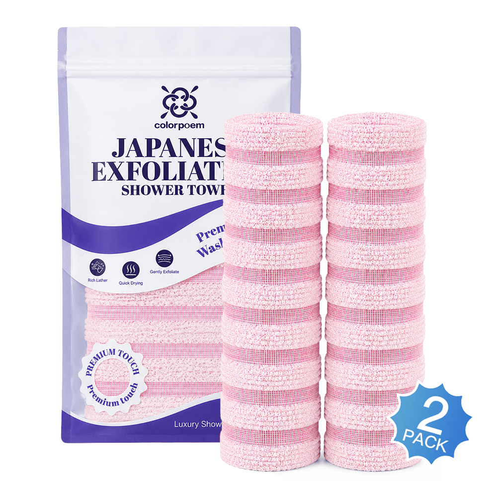 Japanese Exfoliating Shower Towel, 2 Pack in pink, shown folded