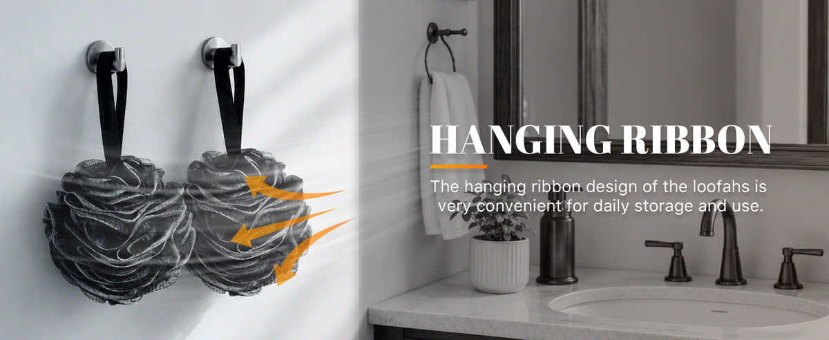 Charcoal Bath Loofah with Hanging Ribbon (Display View)